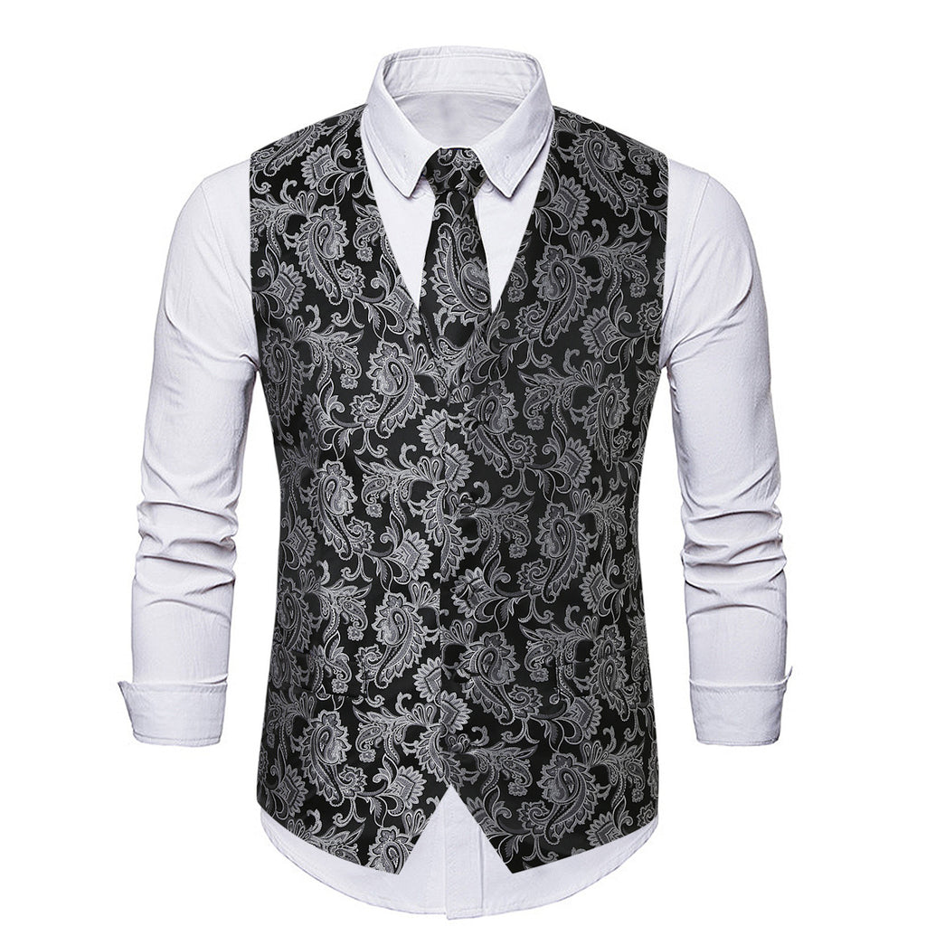 Men's Paisley jacquard vest black silver autumn winter