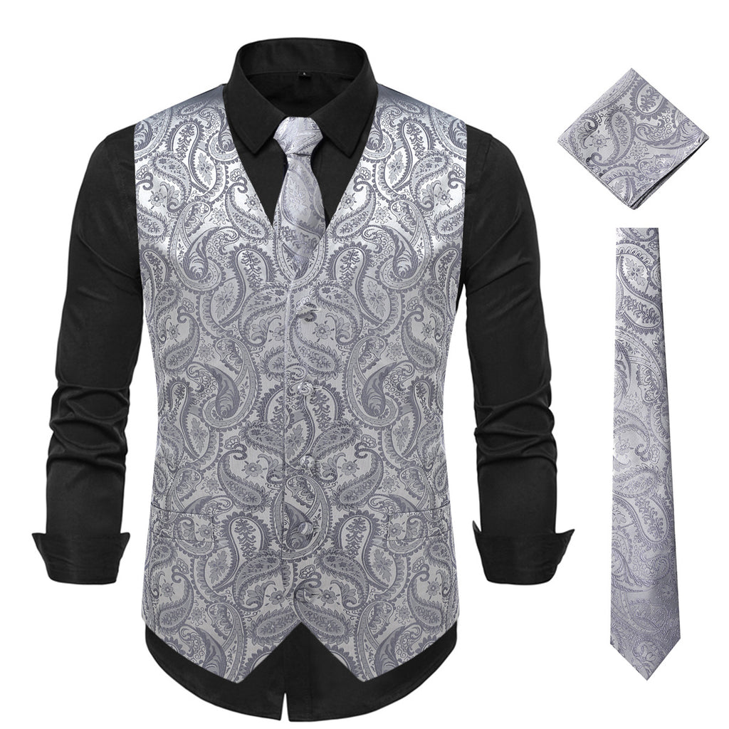 Men's Paisley jacquard vest black silver autumn winter