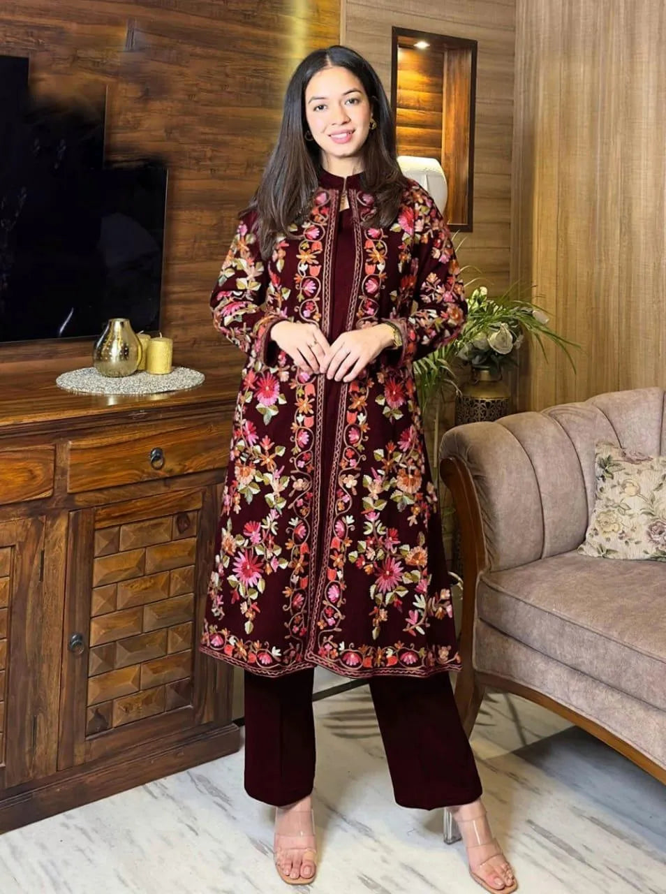Maroon  embroidered gown suit 3pcs shamoz  Eid party wear