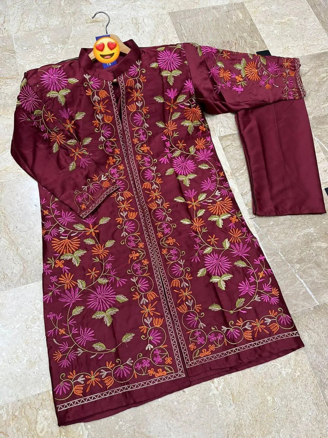 Maroon  embroidered gown suit 3pcs shamoz  Eid party wear