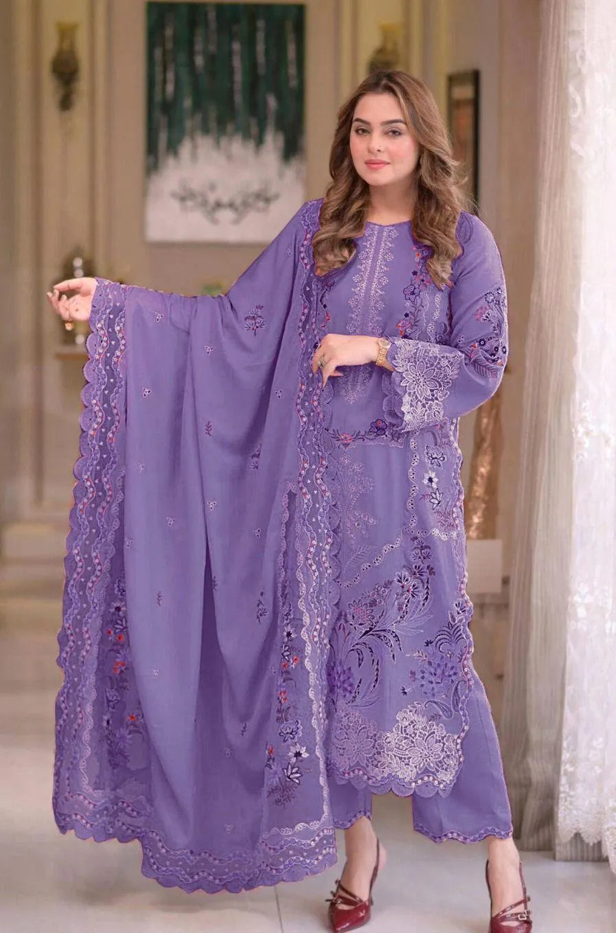 3pcs  lawn purple chikkankari  suit