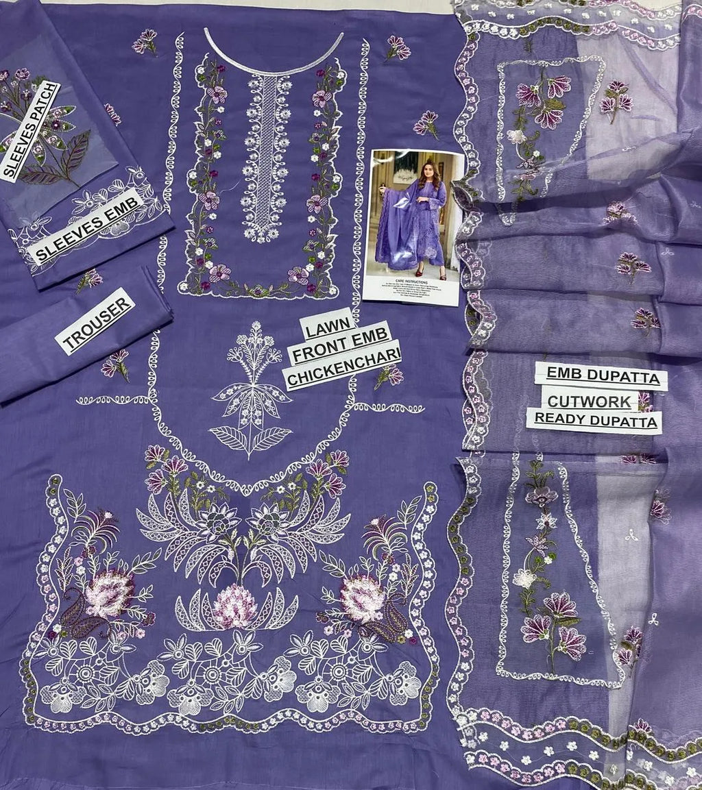 3pcs  lawn purple chikkankari  suit