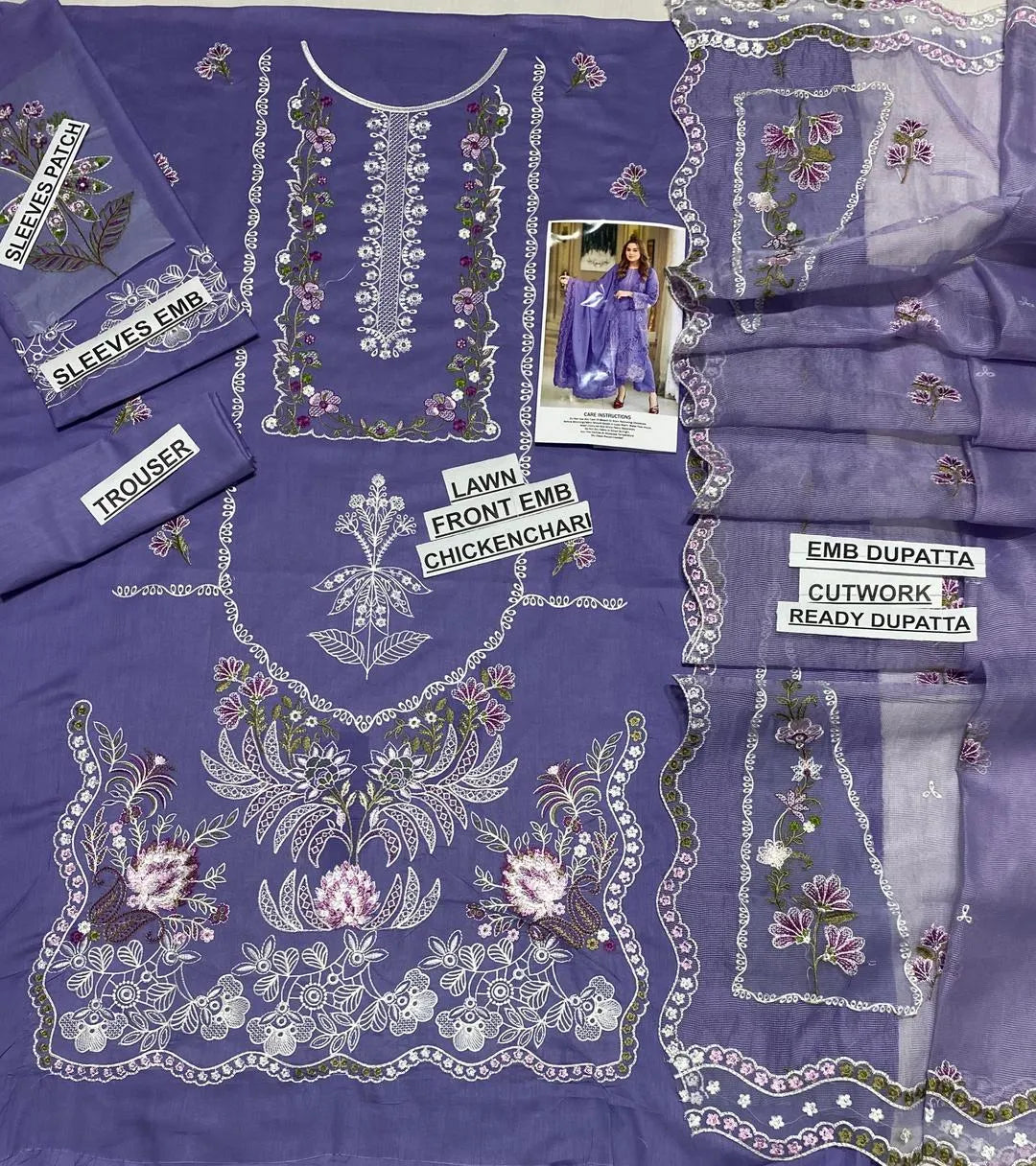3pcs  lawn purple chikkankari  suit