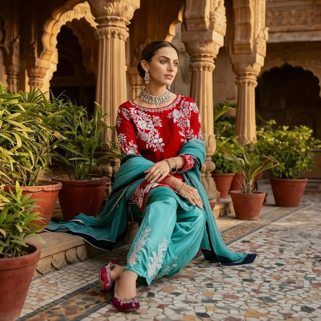 Women embroidered suit 2pcs maroon line