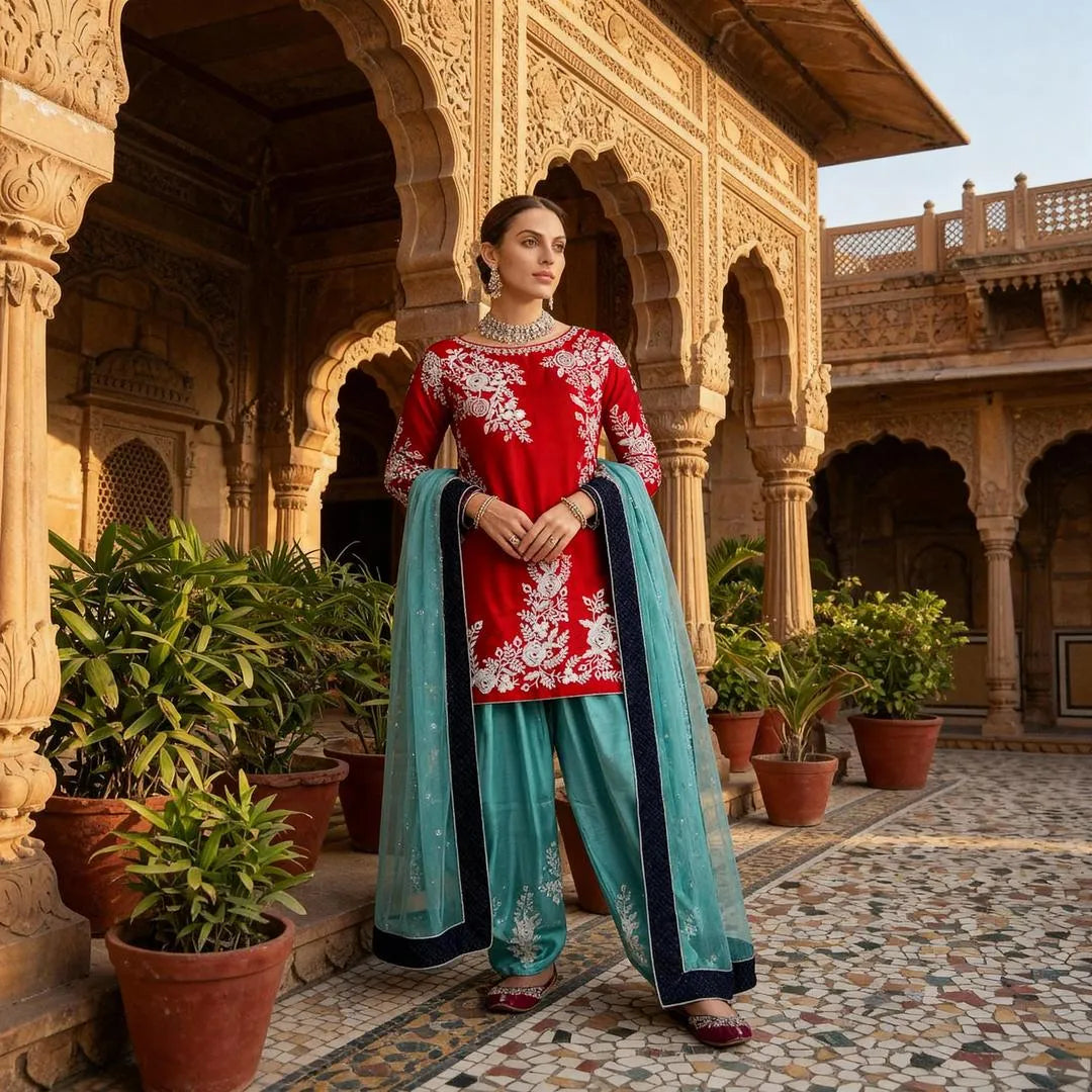 Women embroidered suit 2pcs maroon line