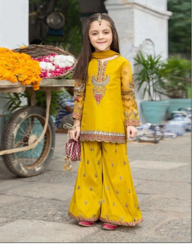 Yellow embroidery suits girl kurta salwar 3pcs