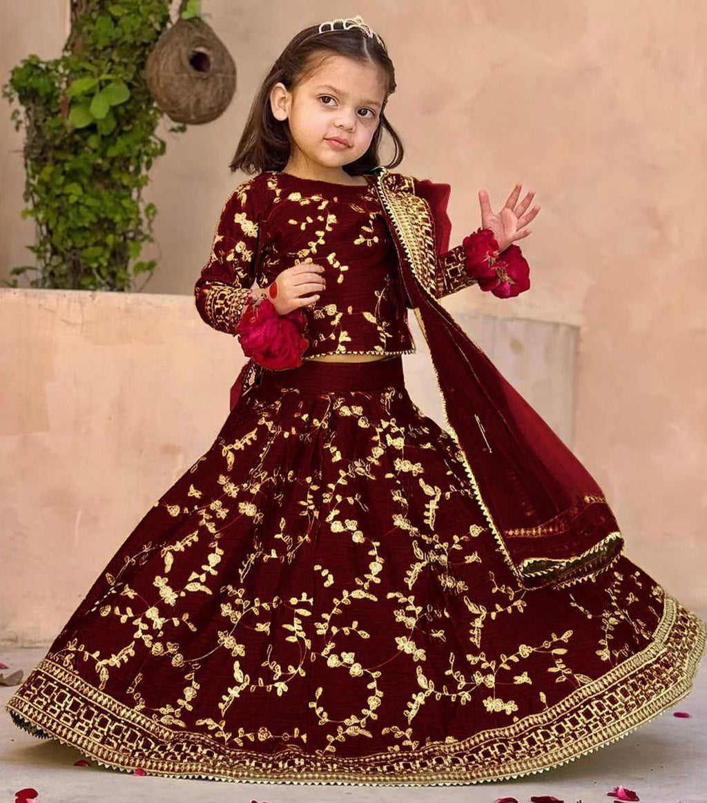 Maroon Raw Silk embroidered 3pcs girls lehenga set