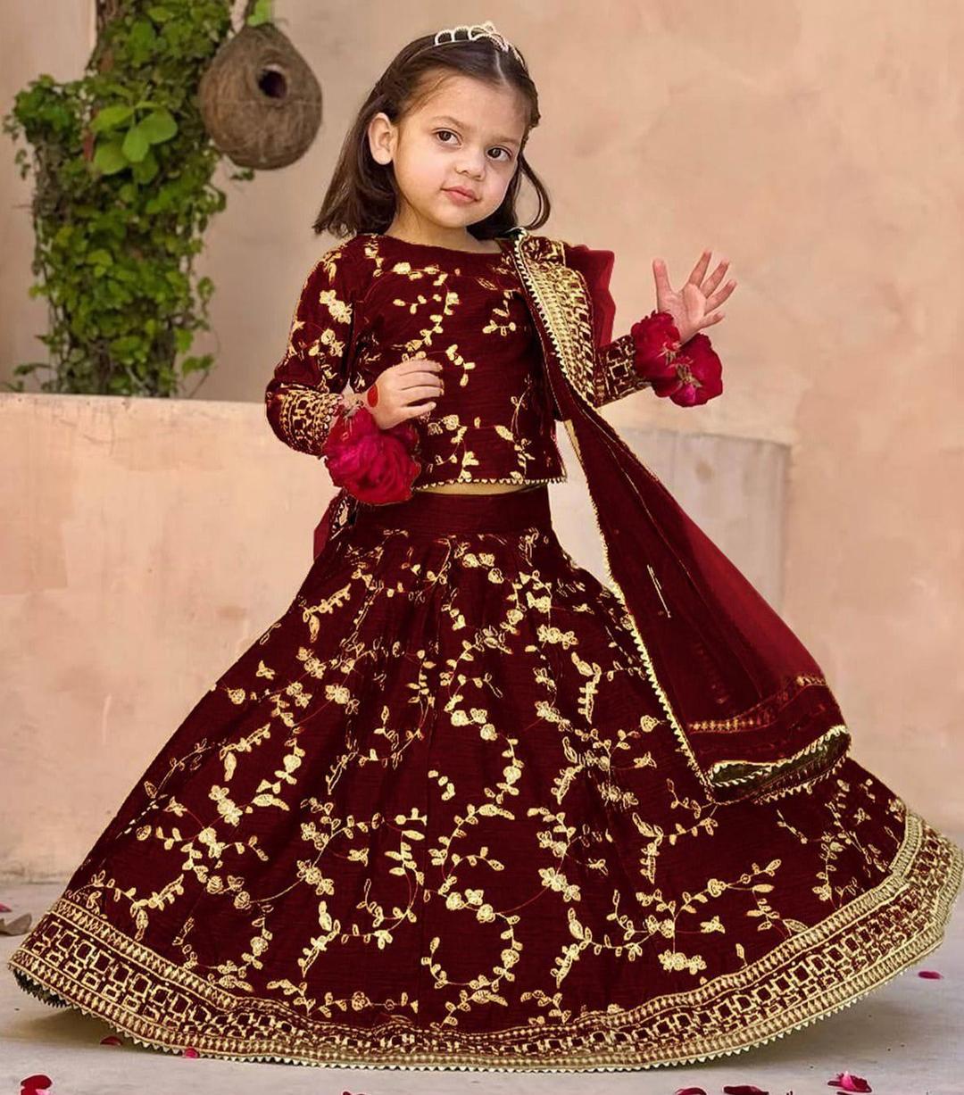 Maroon Raw Silk embroidered 3pcs girls lehenga set