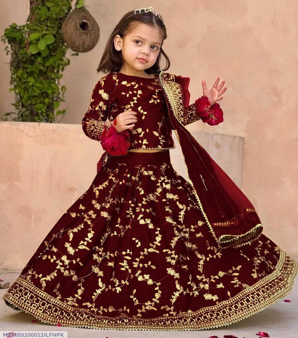 Maroon Raw Silk embroidered 3pcs girls lehenga set