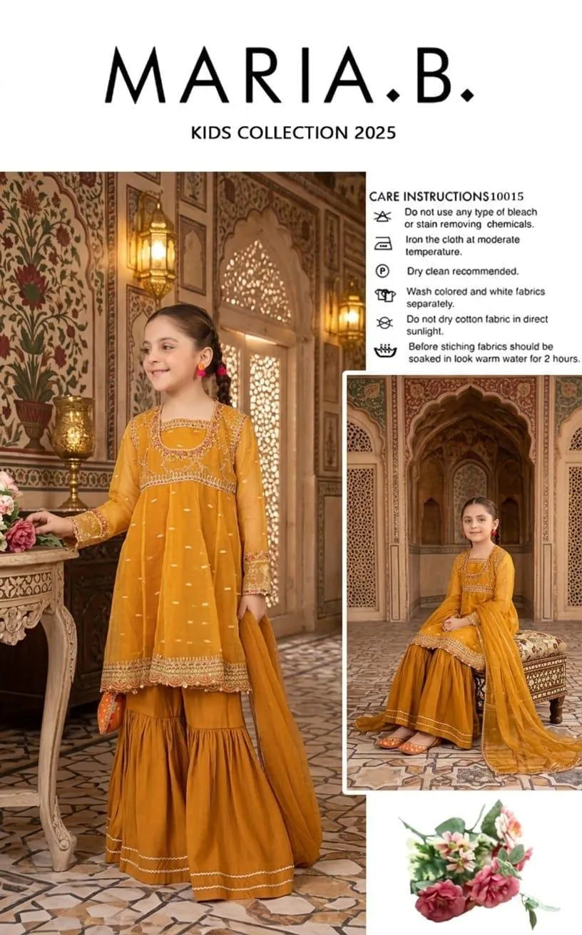 Girls Lawn embroidery 3pcs suit mustard 8 10 year