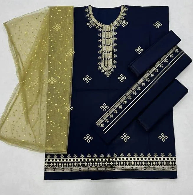 Blue lawn embroidery suits 3pcs girls