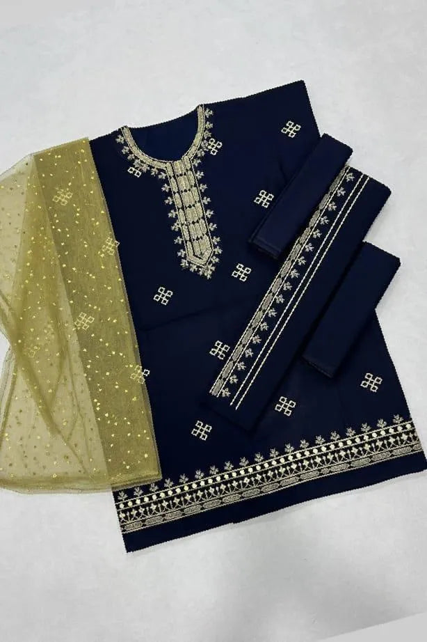 Blue lawn embroidery suits 3pcs girls