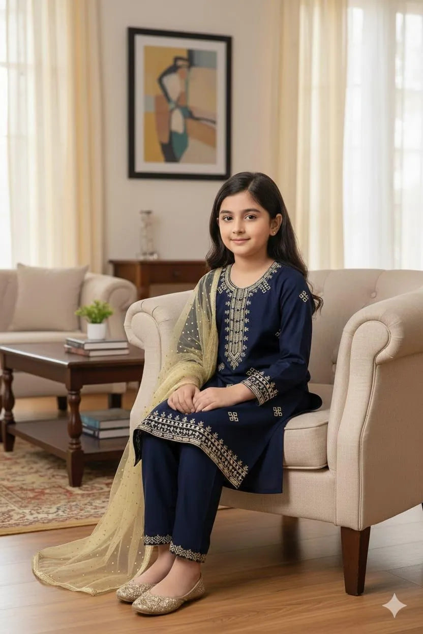 Blue lawn embroidery suits 3pcs girls