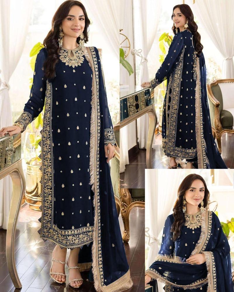 3pcs women stitched crinkle chiffon embroidery suits