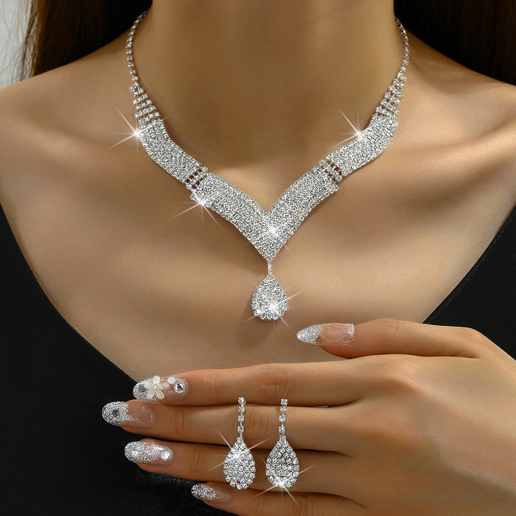 White crystal v neck bridal jewelry set women