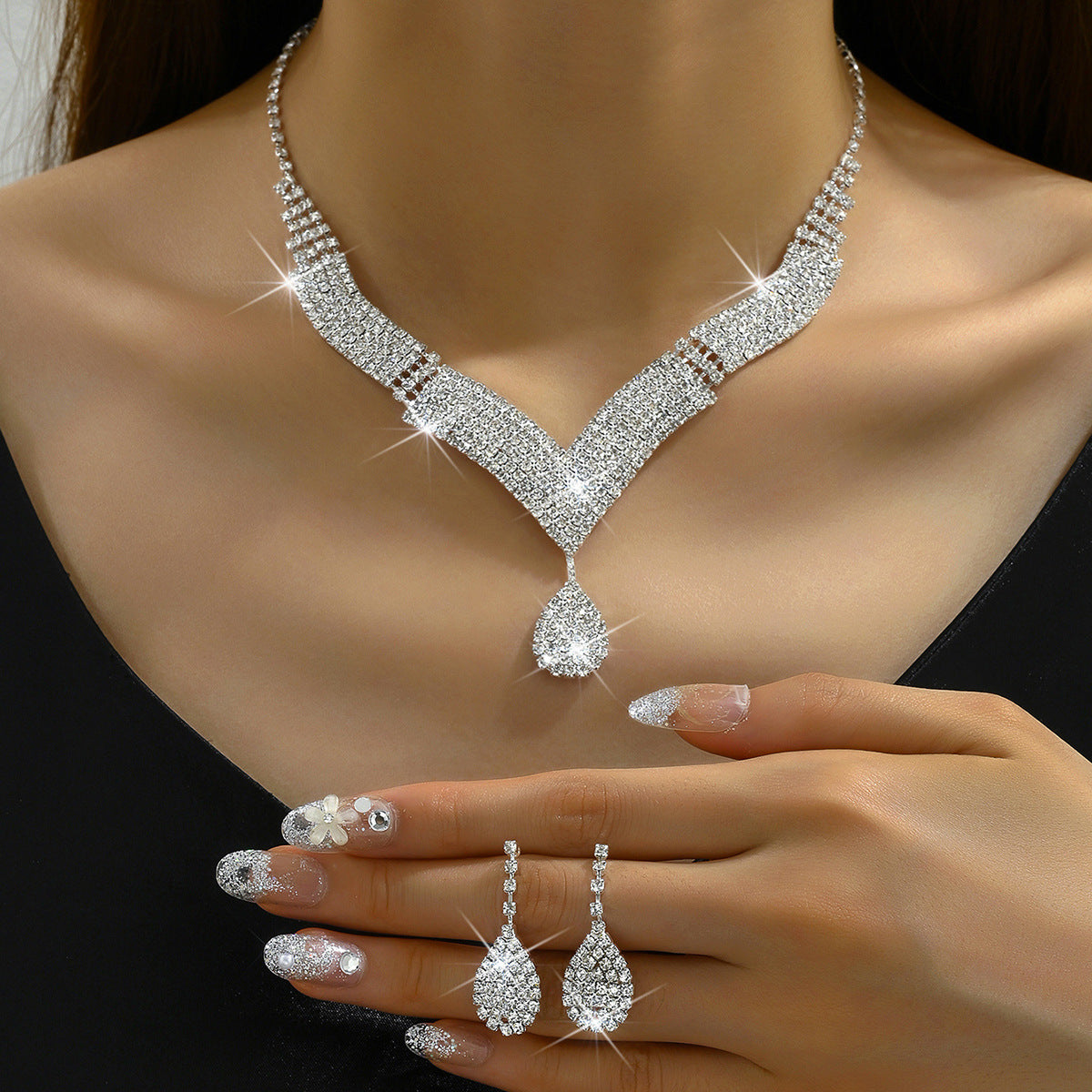 White crystal v neck bridal jewelry set women