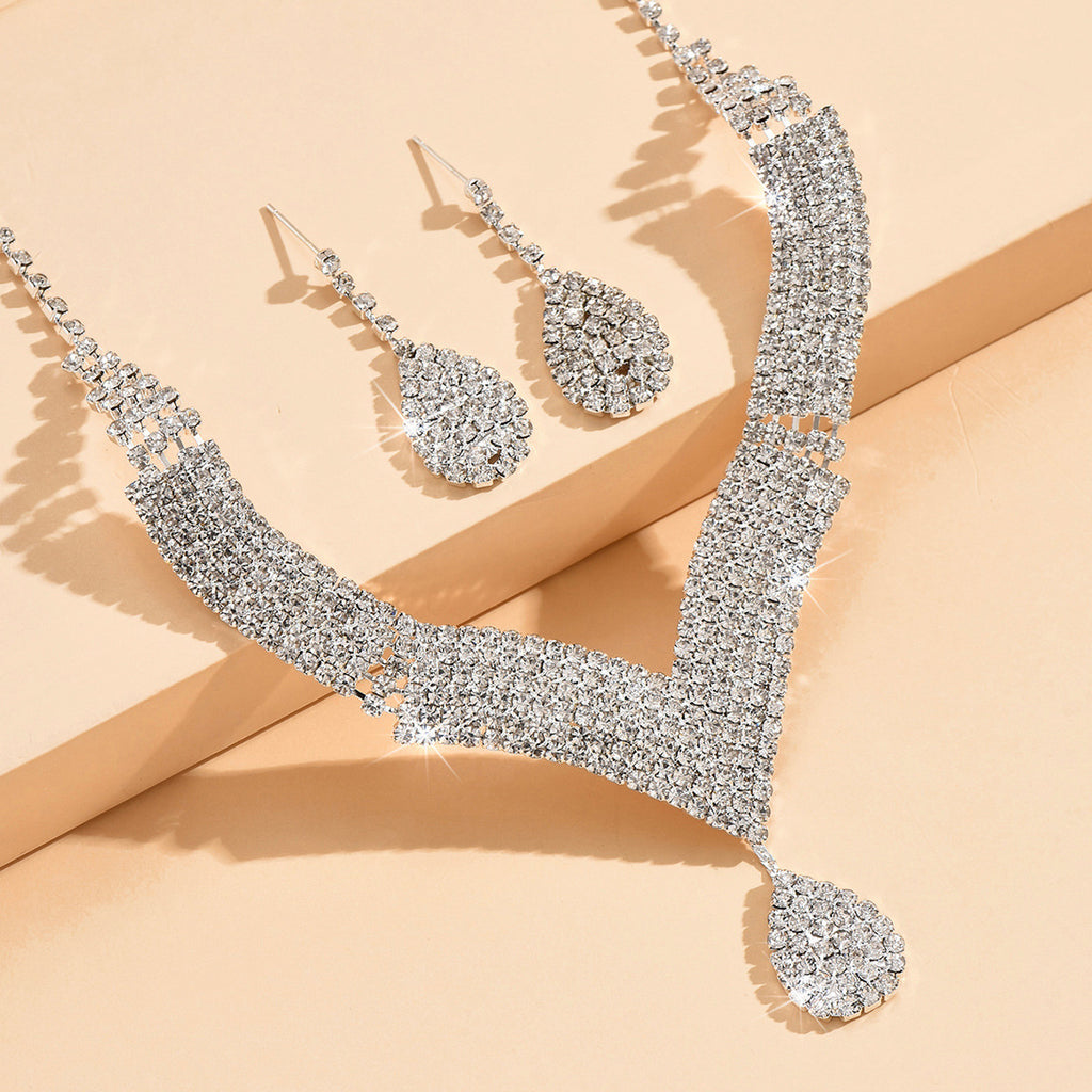 White crystal v neck bridal jewelry set women