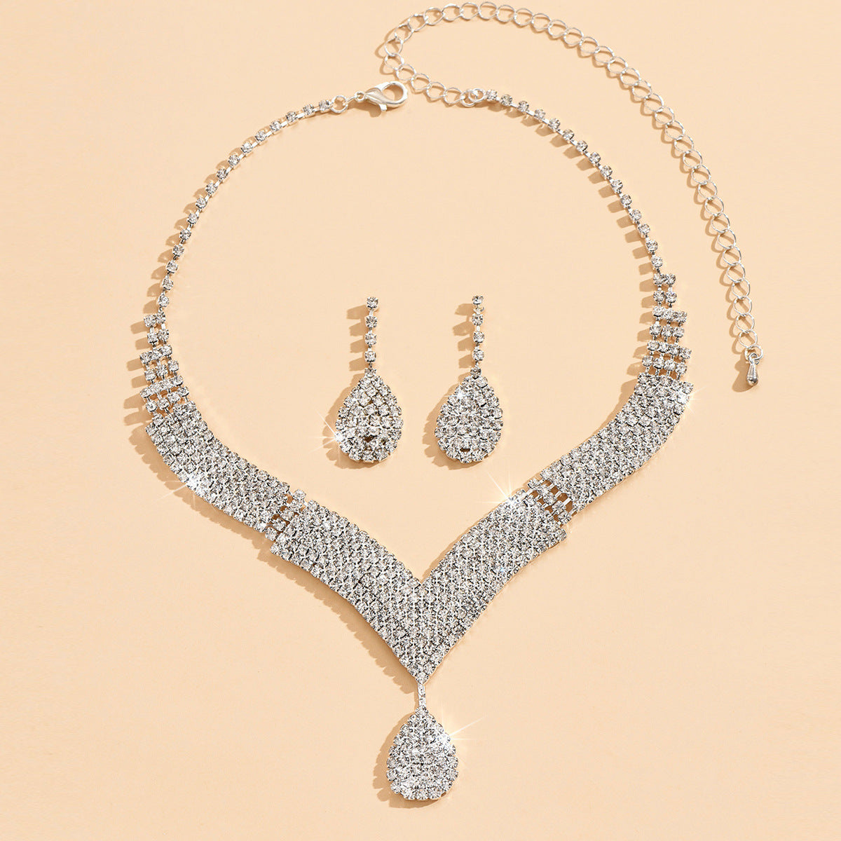 White crystal v neck bridal jewelry set women