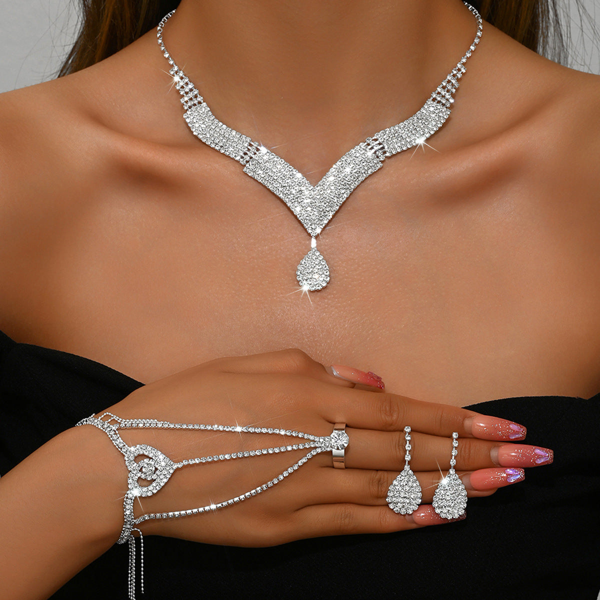 White crystal v neck bridal jewelry set women