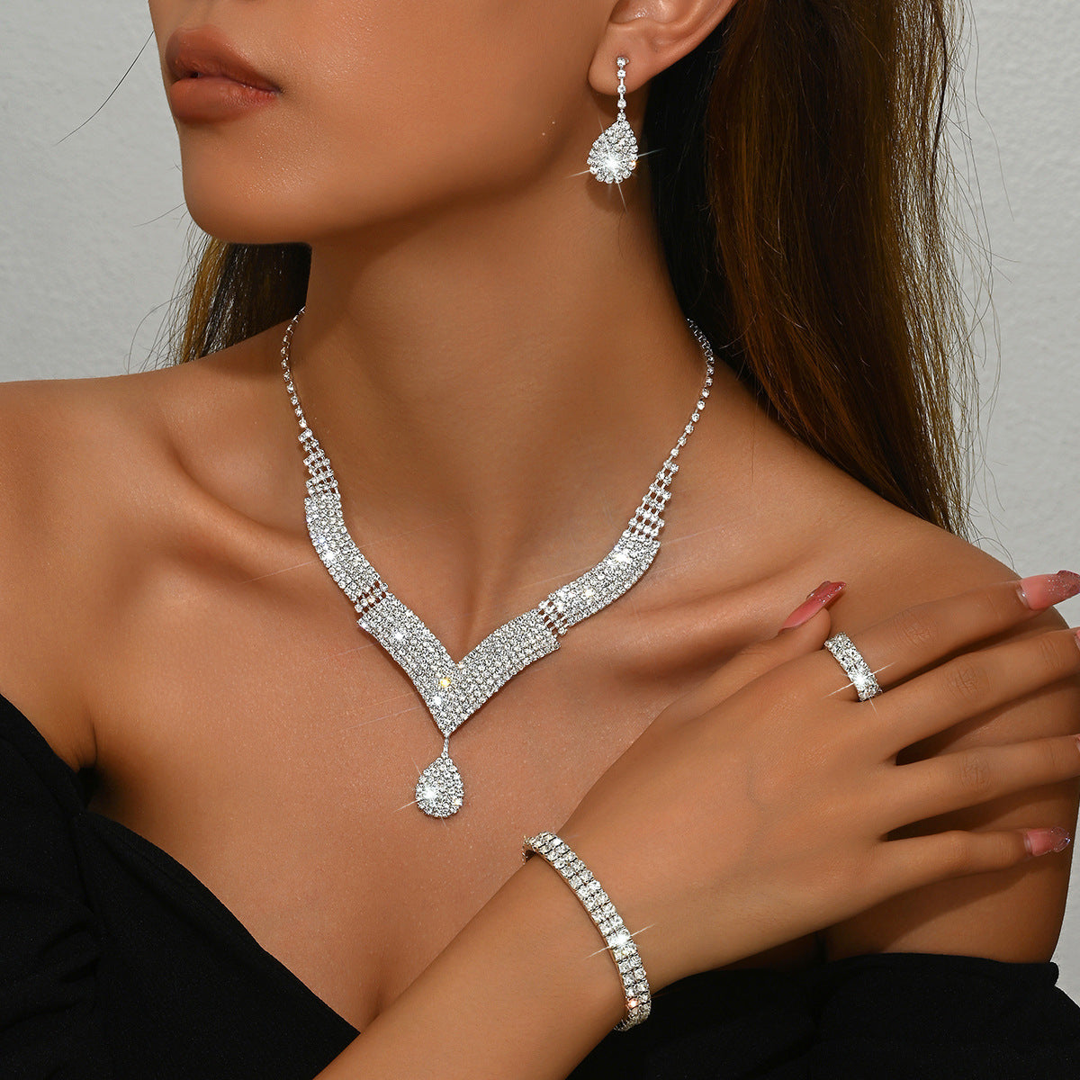 White crystal v neck bridal jewelry set women