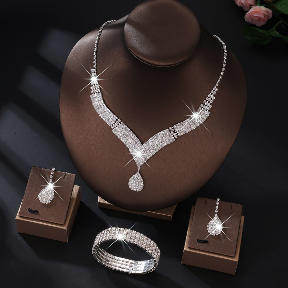 White crystal v neck bridal jewelry set women