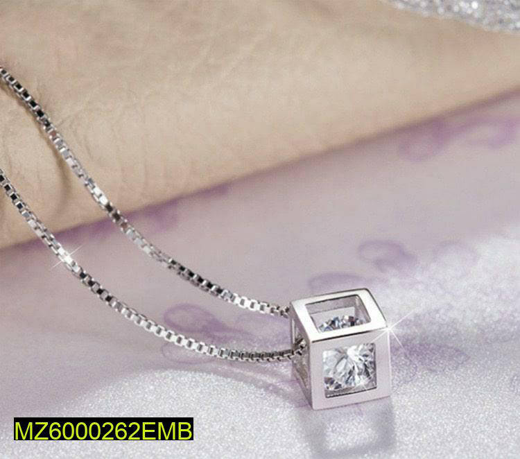 Women silver box pendant necklace with rhinestones