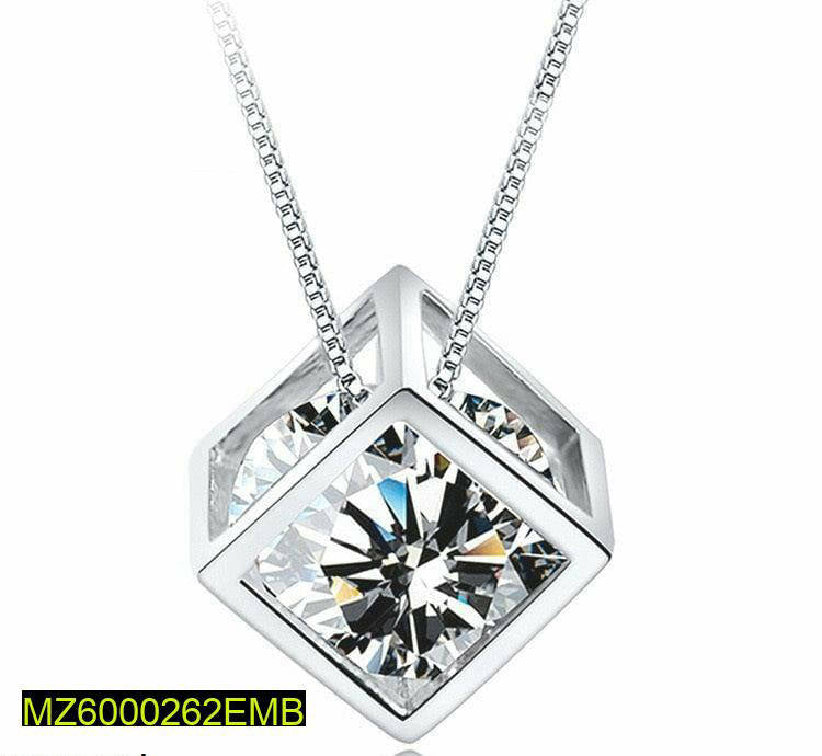 Women silver box pendant necklace with rhinestones