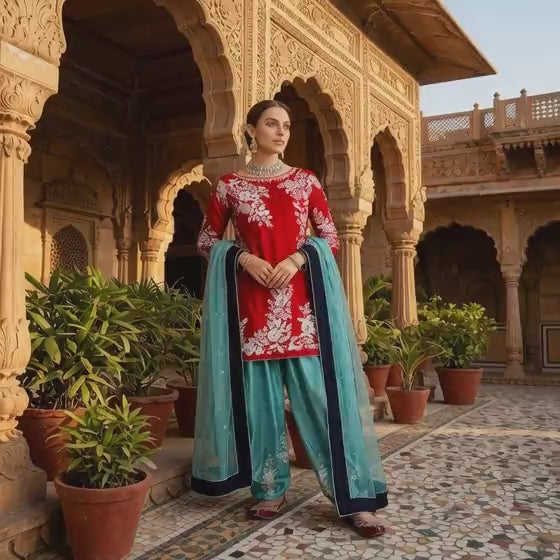 Women embroidered suit 2pcs maroon line