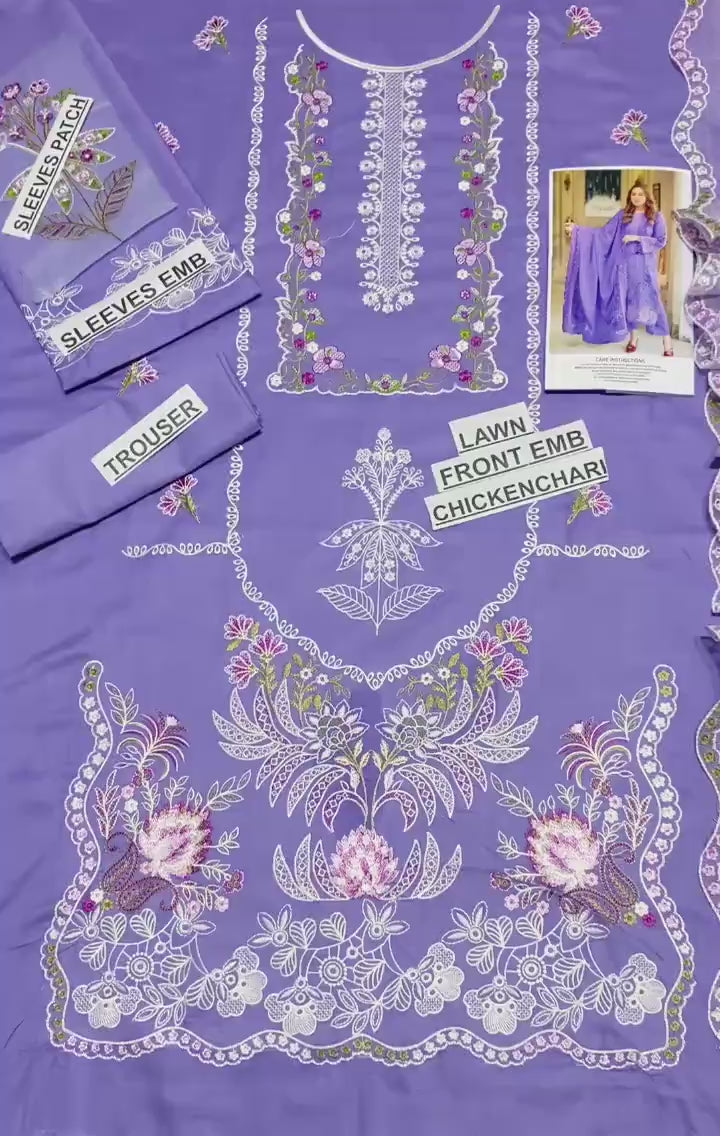 3pcs  lawn purple chikkankari  suit
